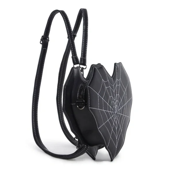 Mad Engine Fine By Me Black Spiderweb Heart Straps Goth Backpack Purse - Picture 2 of 11